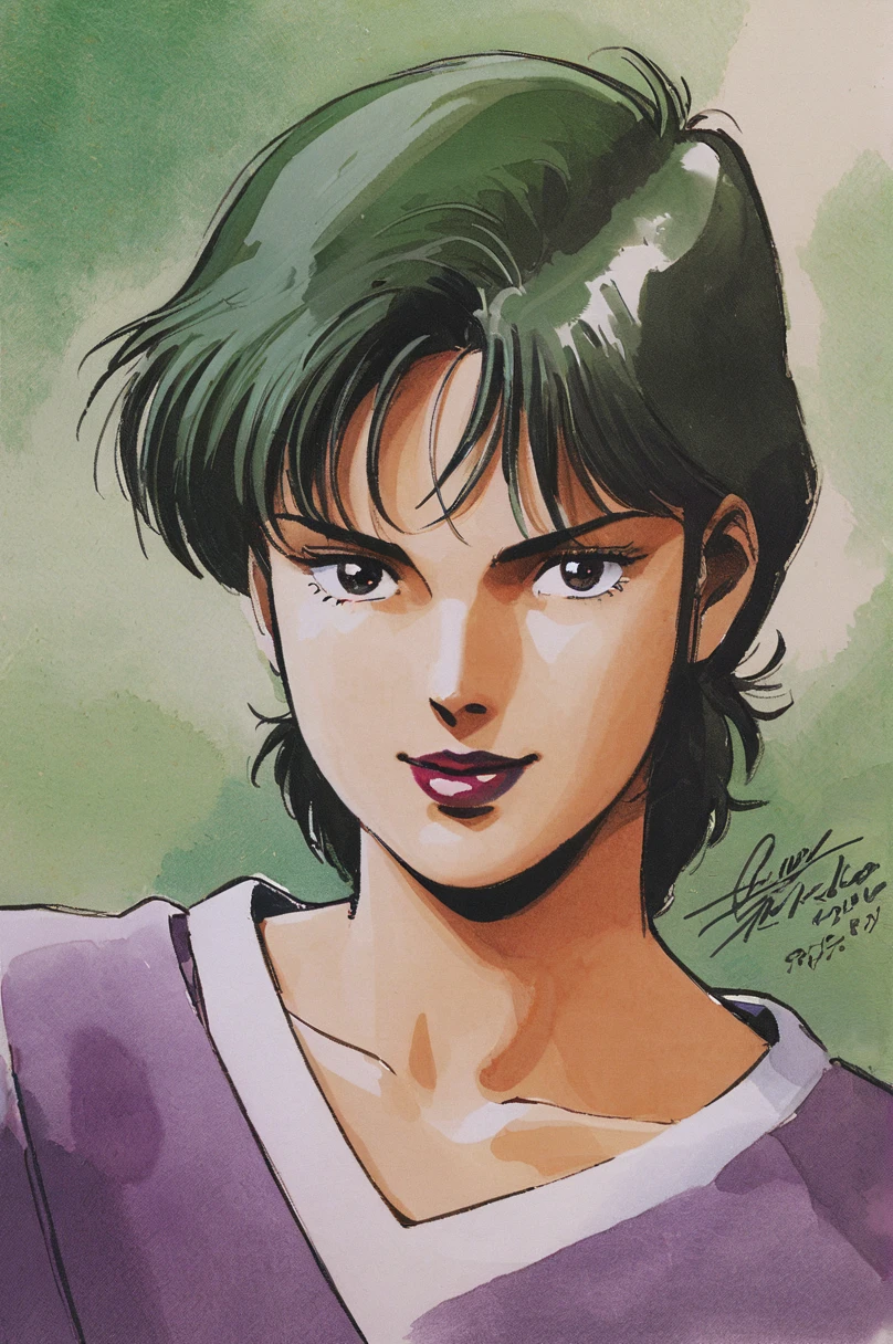 Four Murasame, 1girl, solo, short hair, signature, traditional media, brawn eyes, green blackhair, collarbone, smile, looking at viewer, portrait, purple shirt, lipstick, upper body, dated, watercolor \(medium\),1980s (style)