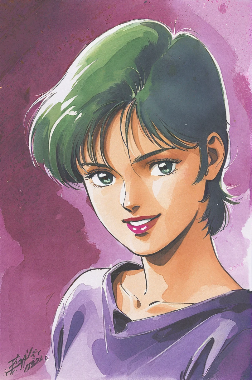 Four Murasame, 1girl, solo, short hair, signature, traditional media, brawn eyes, green blackhair, collarbone, smile, looking at viewer, portrait, purple shirt, lipstick, upper body, dated, watercolor \(medium\),1980s (style)