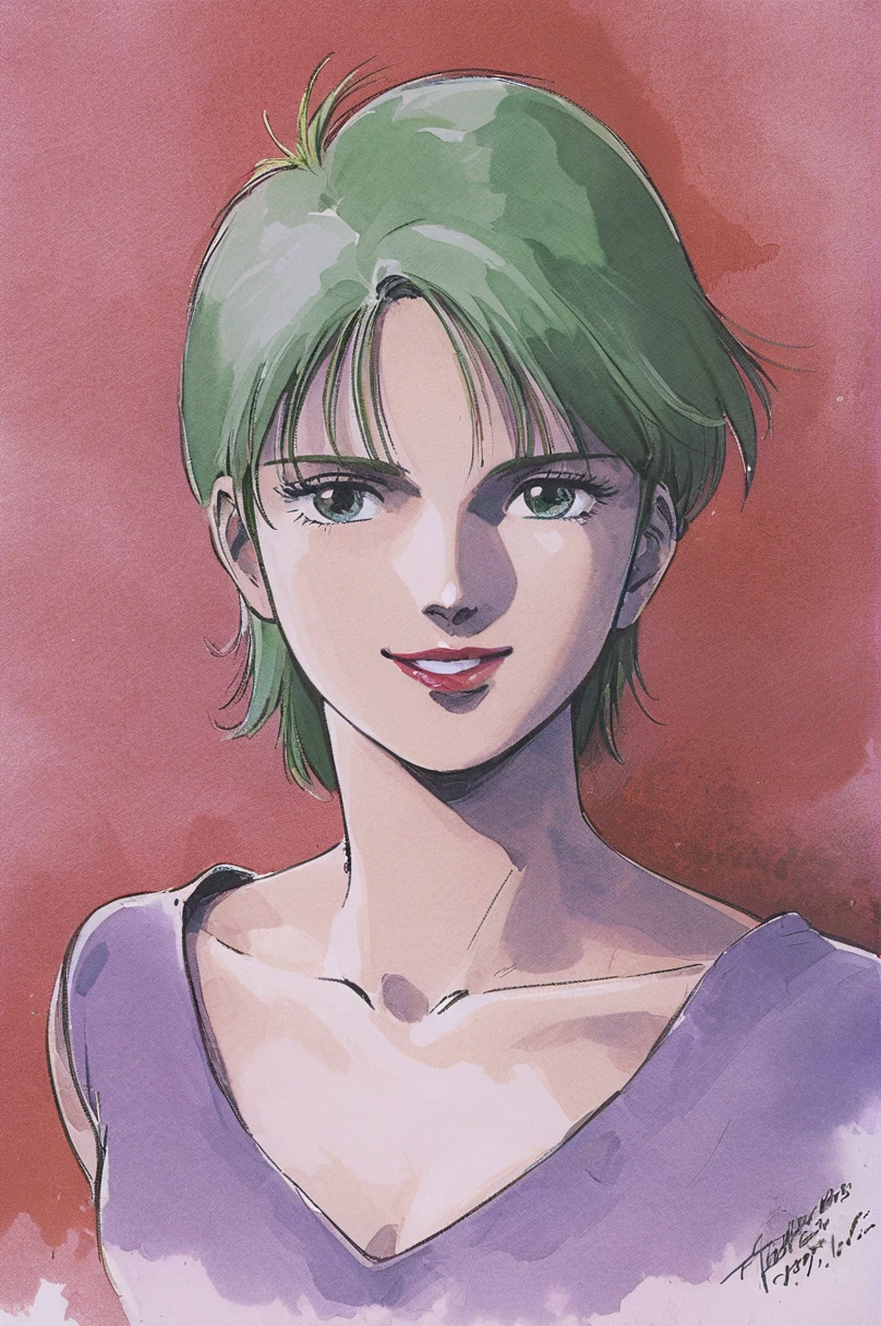 Four Murasame, 1girl, solo, short hair, signature, traditional media, brawn eyes, green blackhair, collarbone, smile, looking at viewer, portrait, purple shirt, lipstick, upper body, dated, watercolor \(medium\),1980s (style)