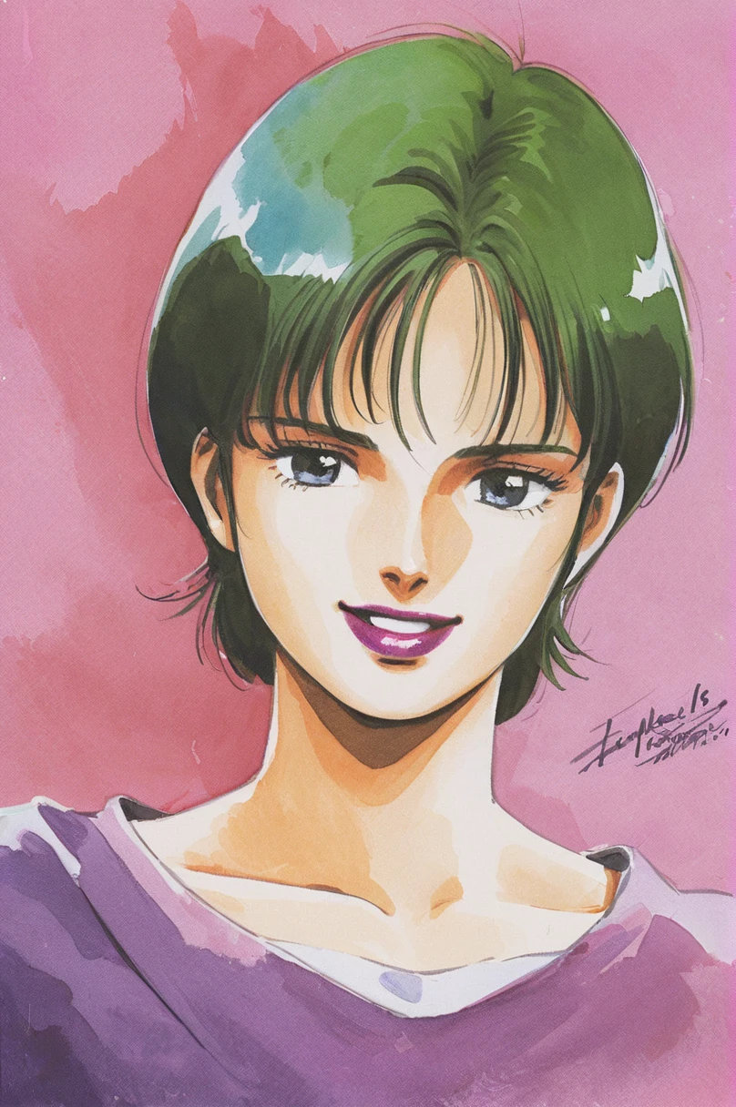 Four Murasame, 1girl, solo, short hair, signature, traditional media, brawn eyes, green blackhair, collarbone, smile, looking at viewer, portrait, purple shirt, lipstick, upper body, dated, watercolor \(medium\),1980s (style)