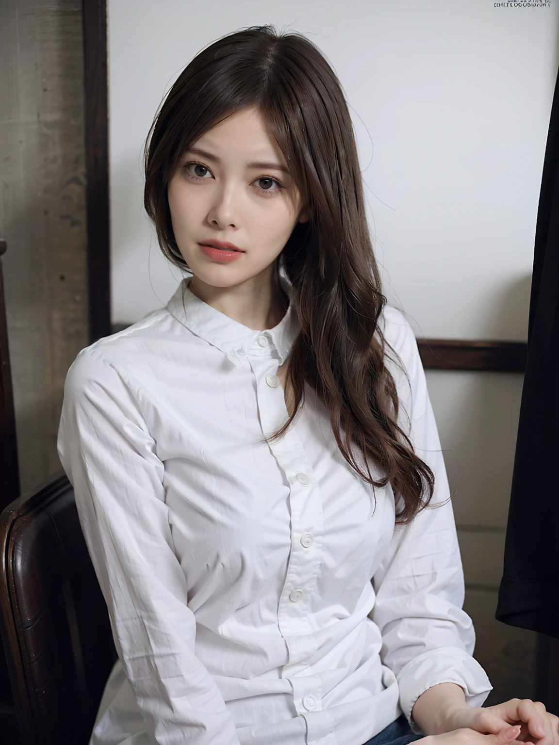 1girl, woman, masterpiece, best quality, highest quality, cinematic lighting, (volumetric lighting), extremely detailed CG unity 8k wallpaper, focused, 8k wallpaper, extremely detailed, ultra realistic, photorealistic, sharp focus, absurdres, (HDR:1.2), (high contrast), photograph, detailed and intricate, instagram, portrait, highly detailed, digital painting, artstation, concept art, smooth, sharp focus, illustration, cinematic lighting, (Natural big breast:1.2, skinny), (whole body:1.2), white collar shirt, open shirt, open the button, show thigh, ((looking at the viewer)), ((medium shot))