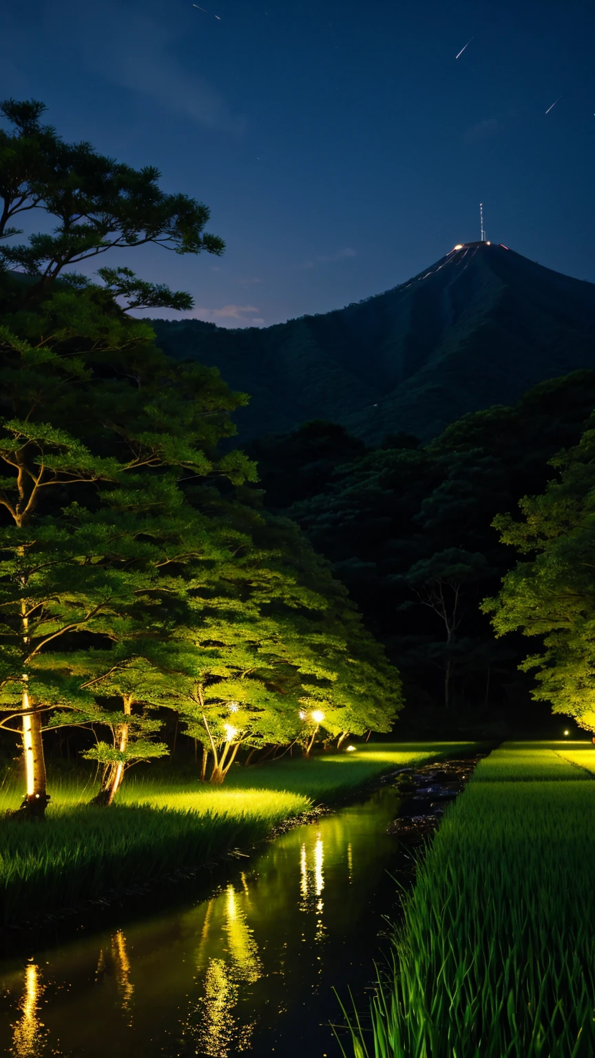 Japan、countryside、Rural Scenery、Style、night、Paddy field、river、firefly
