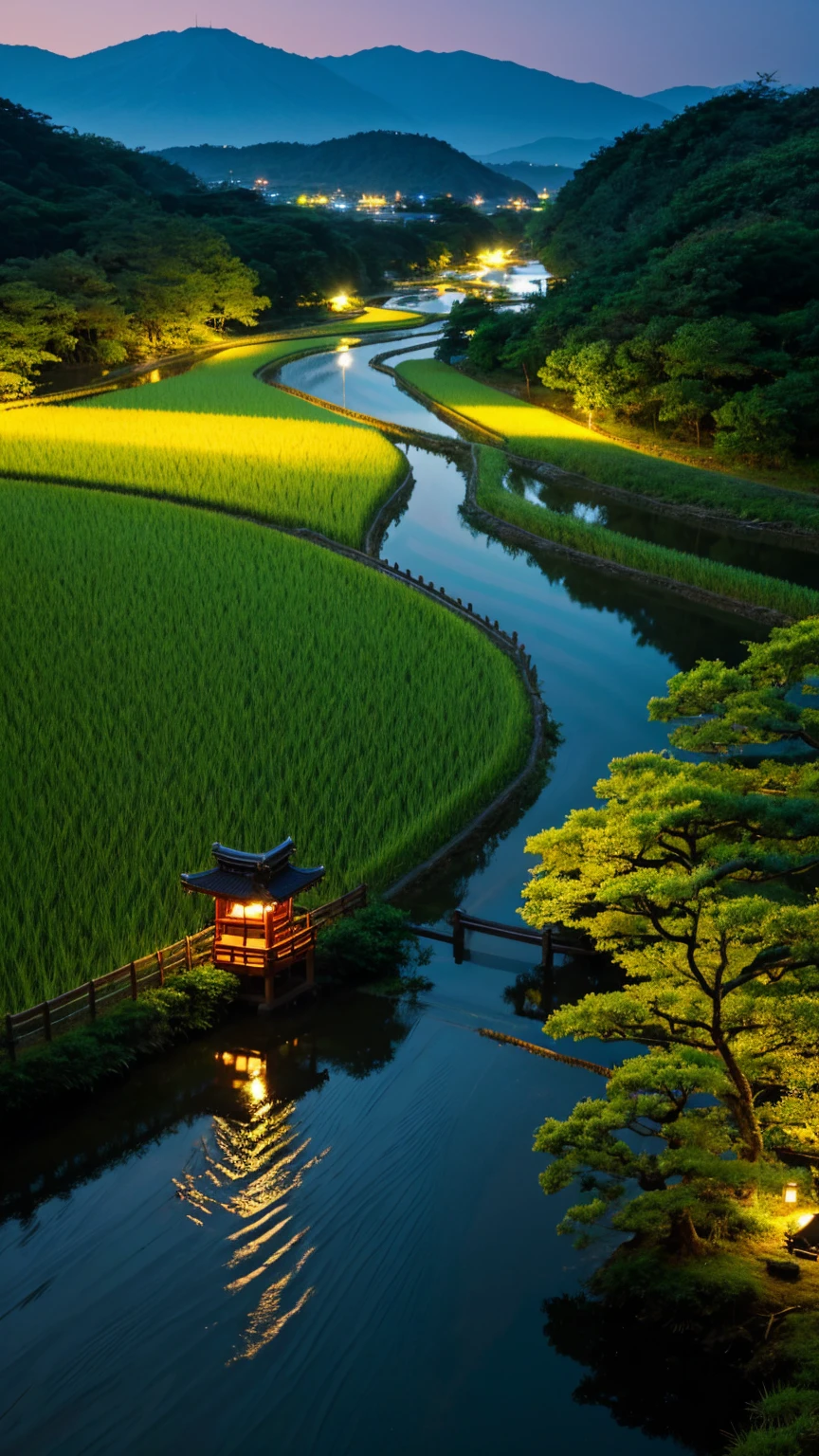 Japan、countryside、Rural Scenery、Style、night、Paddy field、river、firefly