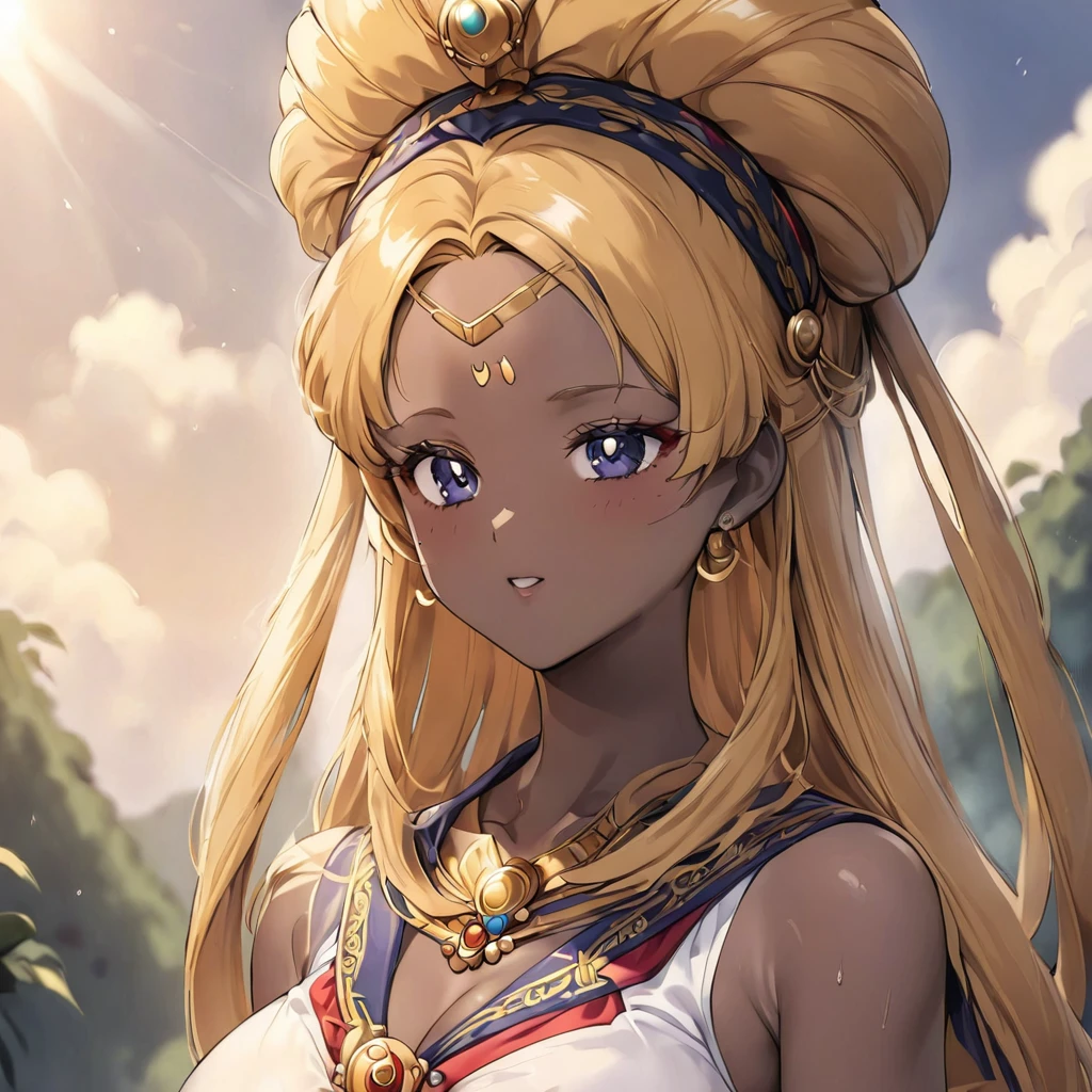 ((Highest quality)), ((masterpiece)), (detailed), (Perfect Face)、The woman is a Ghanaian born Tsukino Usagi with a vivid dark skin, black by birth, and is wearing a colorful Ghanaian dress from a Ghanaian village, a colorful turban head scarf, gorgeous jeweled accessories, and an engagement ring.、The woman is an elegant Tsukino Usagi with black African-like afro hair and natural curly dreadlocks. She wears a colorful Ghanaian dress and a colorful turban headscarf. She has vivid dark brown skin. She is a natural black and Ghanaian.、(The woman is a black Ghanaian with vivid dark brown skin.)、The woman is spending time with other village girls in her village in Ghana.