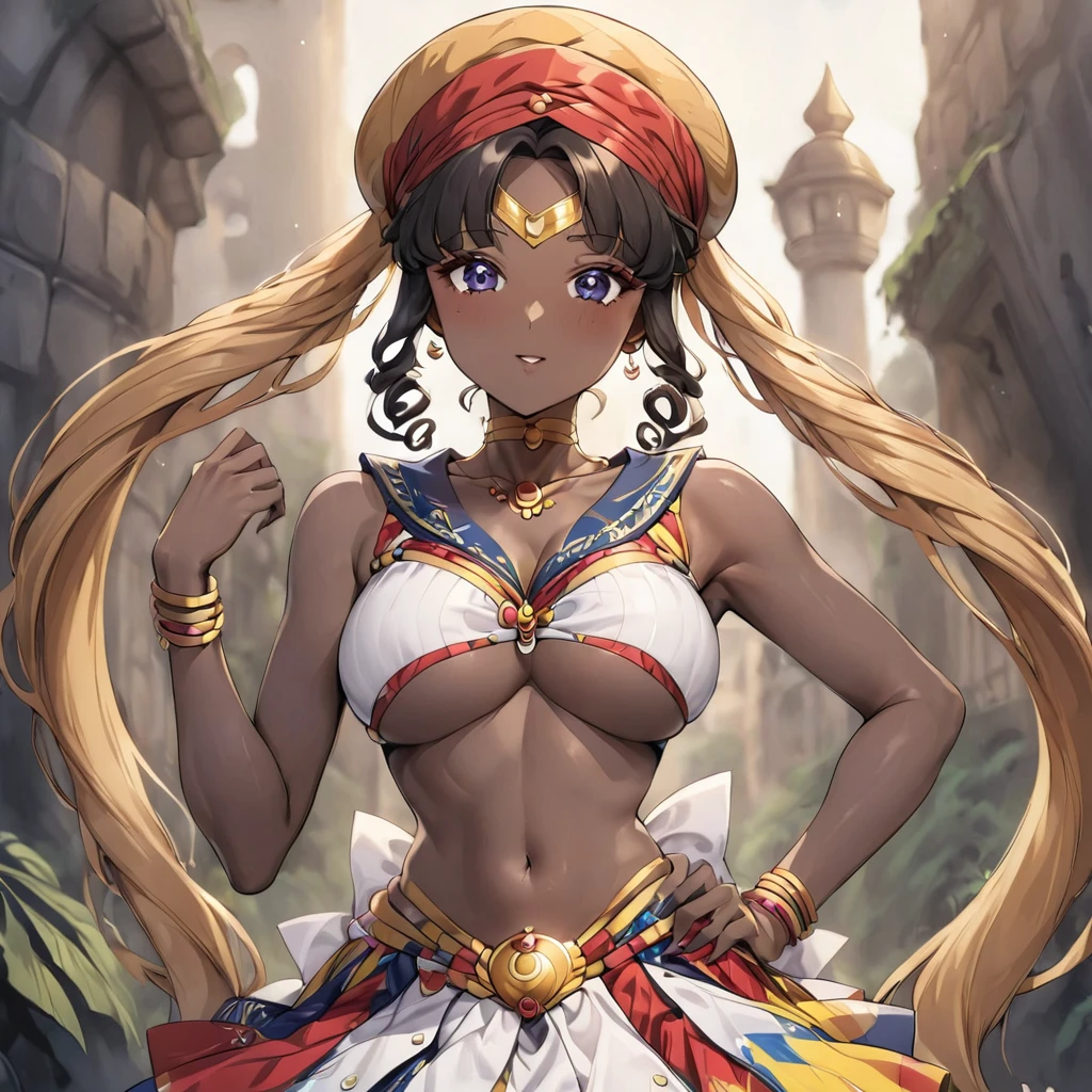 ((Highest quality)), ((masterpiece)), (detailed), (Perfect Face)、The woman is a Ghanaian born Tsukino Usagi with a vivid dark skin, black by birth, and is wearing a colorful Ghanaian dress from a Ghanaian village, a colorful turban head scarf, gorgeous jeweled accessories, and an engagement ring.、The woman is an elegant Tsukino Usagi with black African-like afro hair and natural curly dreadlocks. She wears a colorful Ghanaian dress and a colorful turban headscarf. She has vivid dark brown skin. She is a natural black and Ghanaian.、(The woman is a black Ghanaian with vivid dark brown skin.)、The woman is spending time with other village girls in her village in Ghana.