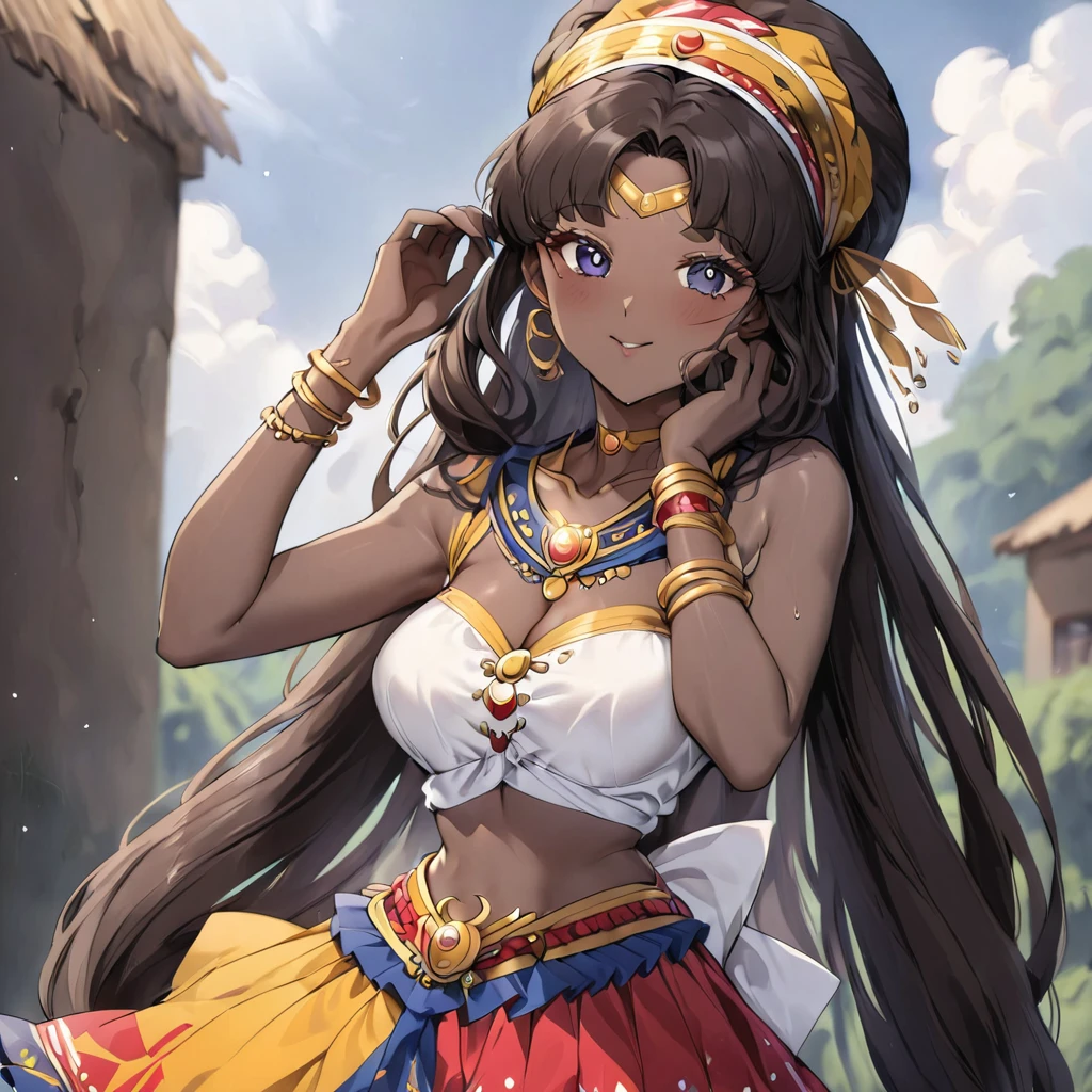 ((Highest quality)), ((masterpiece)), (detailed), （Perfect Face）、The woman is a Ghanaian born Tsukino Usagi with a vivid dark skin, black by birth, and is wearing a colorful Ghanaian dress from a Ghanaian village, a colorful turban head scarf, gorgeous jeweled accessories, and an engagement ring.、The woman is an elegant Tsukino Usagi with black African-like afro hair and natural curly dreadlocks. She wears a colorful Ghanaian dress and a colorful turban headscarf. She has vivid dark brown skin. She is a natural black and Ghanaian.、（The woman is a black Ghanaian with vivid dark brown skin.）、The woman is spending time with other village girls in her village in Ghana.
