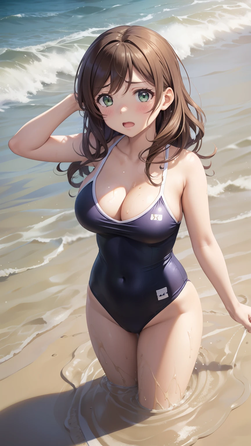 nozomitoujou, nozomi toujou, green eyes, brown hair, curly hair, large breasts, masterpiece, best quality, high resolution, beautiful detailed eyes, extremely detailed face, good lighting, detailed CG, messy hair, one piece swimsuit, upset, scared, leaning forward, (quicksand, beach, partially submerged)