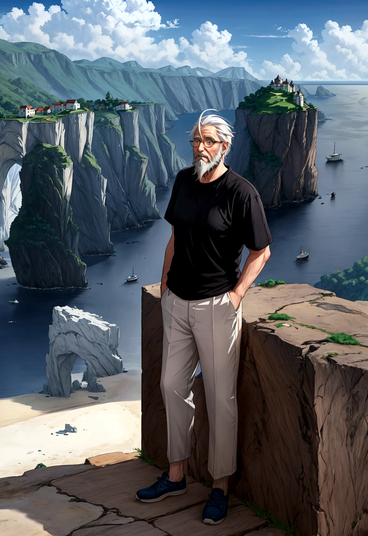 Create a high-quality anime-style image featuring an elderly man standing on a rocky cliff by the sea. The man has white hair, a beard, and is wearing round glasses. He is dressed in a white shirt, beige pants rolled up at the ankles, and white sneakers. His posture is relaxed, with his hands in his pockets, gazing thoughtfully into the distance.

The background consists of a clear blue sky filled with fluffy, white clouds. Below the cliff, there is a calm sea with boats and a small coastal village nestled at the foot of green, mountainous terrain. The scene captures a peaceful, reflective moment, with vibrant colors and detailed shading to emphasize the tranquil and contemplative atmosphere.