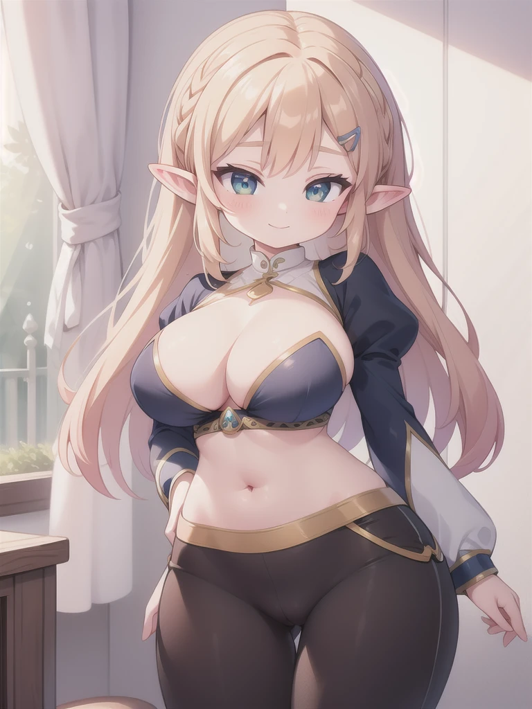 master-piece, bestquality, 1girls,, View viewers from front, HD, slight smile, big tits, cleavage, tights cloth, , tiny body, under tits cleavage, look down, stand up, aazelda, crown braid, hairclip, pointy ears, puffy sleeves, long sleeves, black pants, tight pants, large hips,
