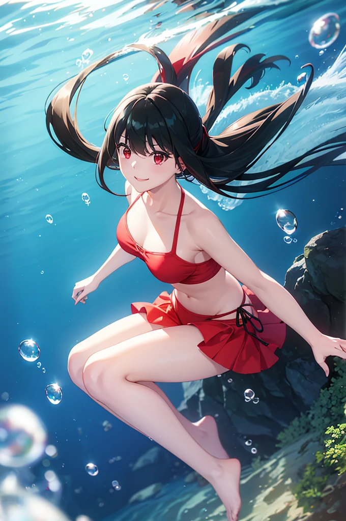 ((best quality)), (ultra-detailed), ((extremely detailed)), (beautiful), ((kawaii girl)), (black:1.3) hair, red (colored inner hair:1.2), long hair, straight hair, swept bangs, asymmetrical bangs, hair intakes, ahoge, kind smile, red eyes, medium large , BREAK, 比基尼, beautiful scenery, underwater, water drop, dynamic lighting, light particle, sunlight, shadow, [Colorful young fishes], (air bubble:1.2), reflection, extremely detailed CG unity 8k wallpaper,White hair band、Red eyes、Black Hair、Yor Briar、smile、Bubble、Floating、Float your legs、流れるBubble、dive、In the sea、One girl、In the water、In the waterにdive、Swimwear、 the waterで泳ぐ様子