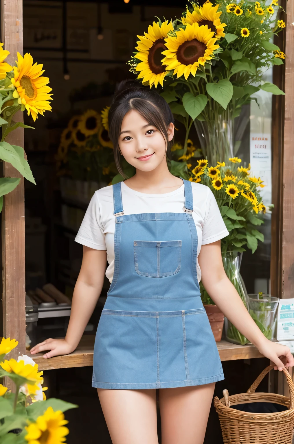 A 20-year-old girl working at a flower shop(Wearing a miniskirt and apron)have a sunflower