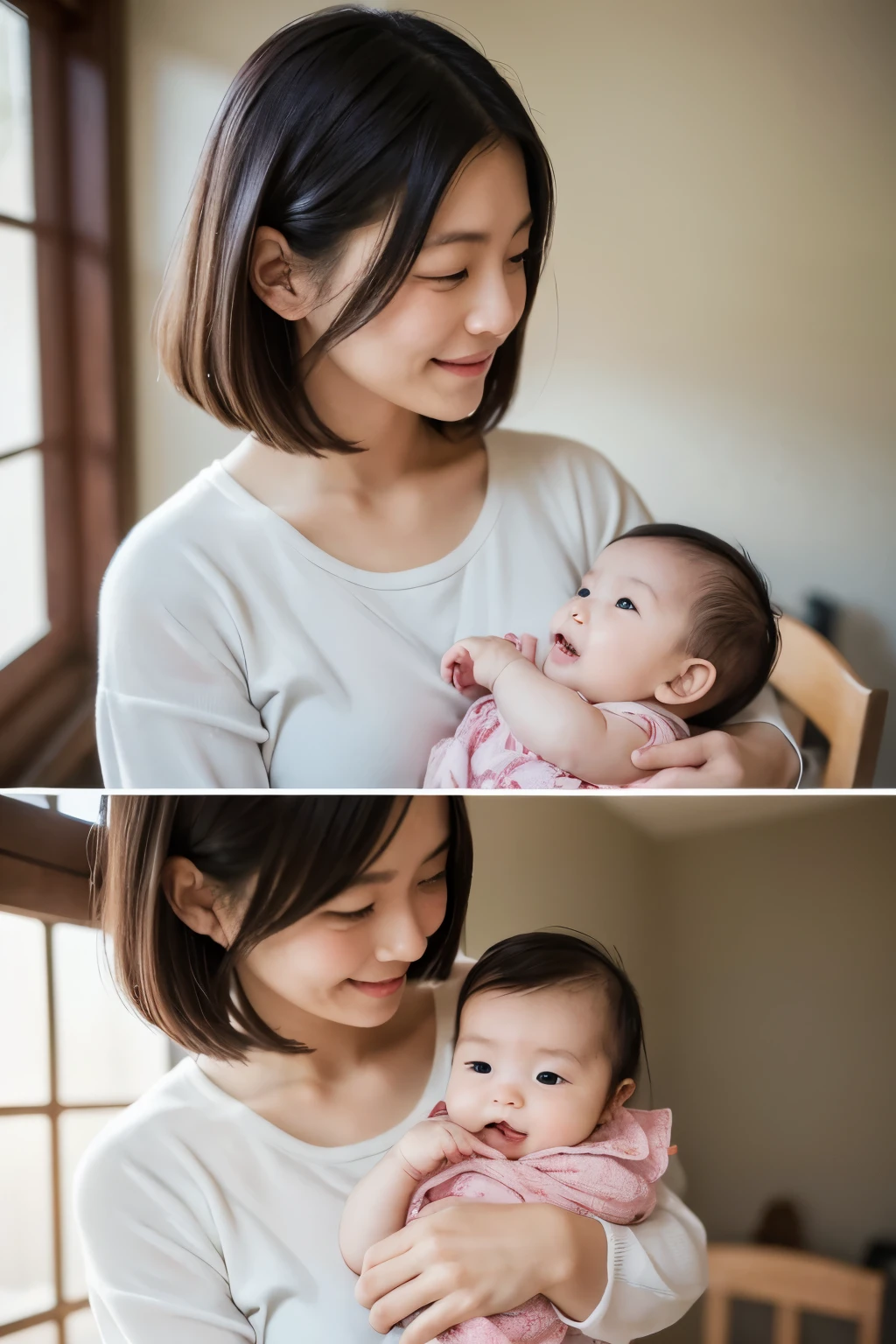 A Japanese woman in her 30s tenderly holds her two-month-old baby、Studio portraits that encapsulate the essence of motherhood。 . The scene is set against the backdrop of a house., Evoking comfort and family love、Capture intricate detail in the highest possible resolution (8K), Ensure every aspect of a serene moment is vividly depicted, Mother looking at camera、smile、Happiness、UNIQLO、Simple clothes、Bring your face closer、Cheek-rubbing、ゃんとBring your face closer、Selfie style with smartphone、looking at the camera