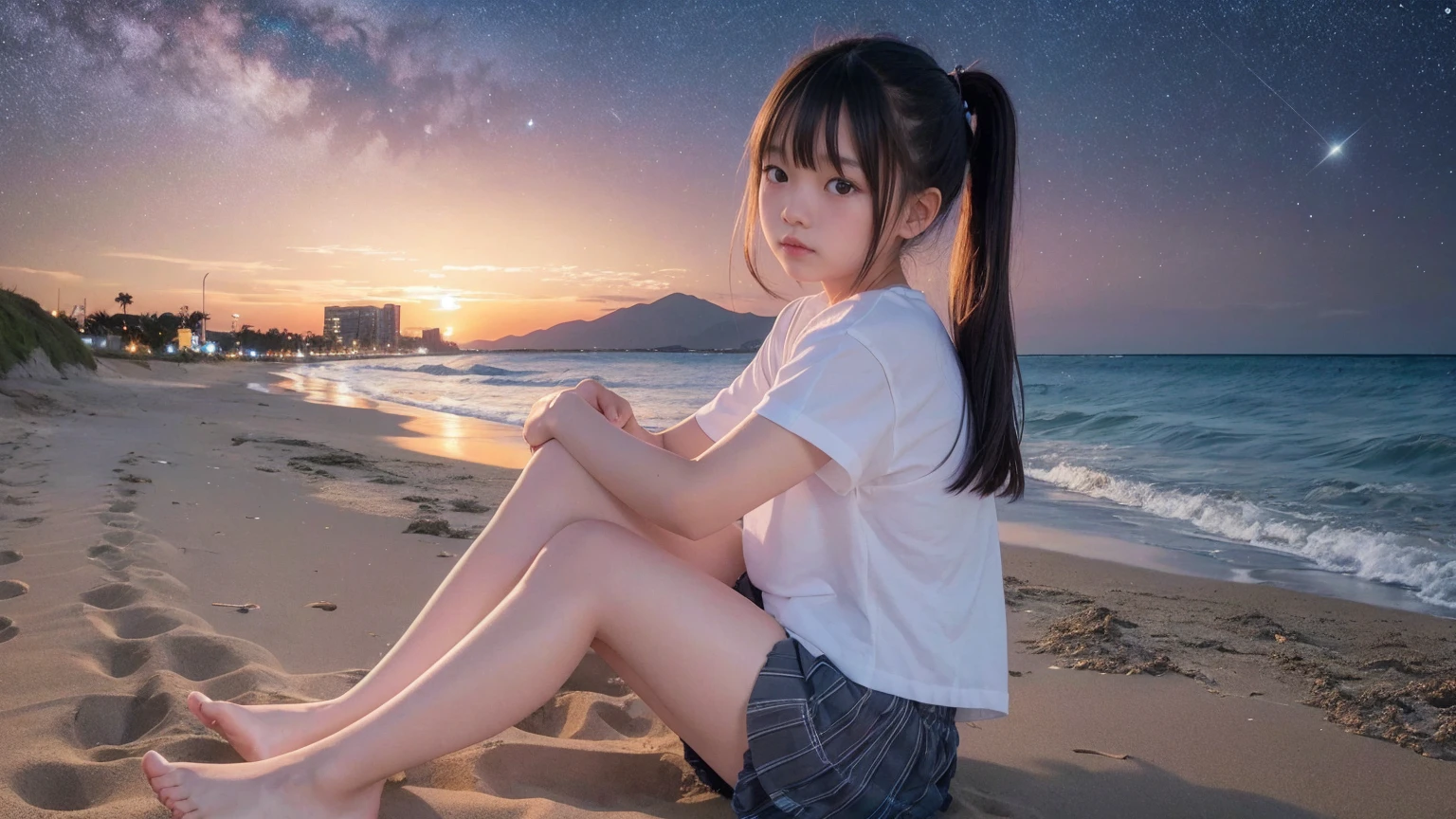 8K,Japanese,,Innocent face,Teenage Girlummer clothes,Casual wear,Sitting,Black Hair,Sandy Beach,coastline,Hair Clip,Night view,Starry Sky