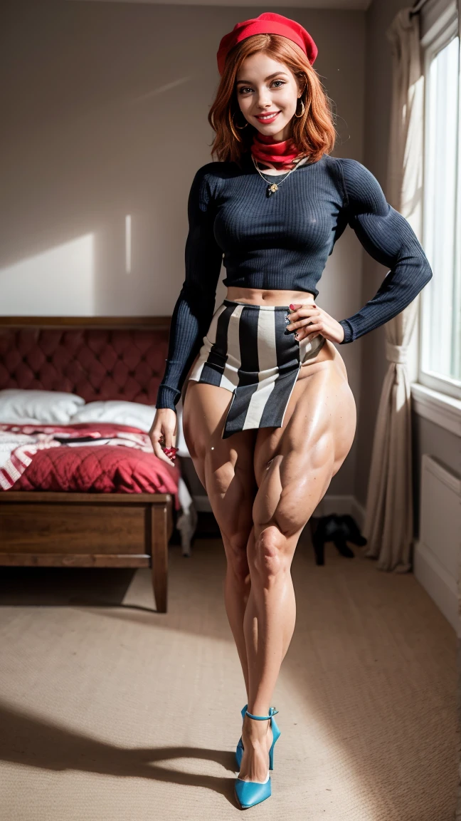 (Muscular:2.5), (thick thighs:2.4),
french female, (red hair, pale skin:1.4), (big smile:1.8), short hair,
(eyeshadow, lipstick, red lips, hoop earrings:1.3)
(neck bandana:1.5), (black and white clothing), (frenchgirlstyle, blue striped pullover, horizontal stripes:1.5), (beret:1.3), (pencil skirt, skirt slit:1.8), (pantyhose:1.4), (stiletto heels:1.7),
looking at viewer, (three quarter view:1.3), (from above), (full body view), standing,
(dark bedroom), rim lighting, detailed skin, detailed eyes, two tone lighting, bokeh