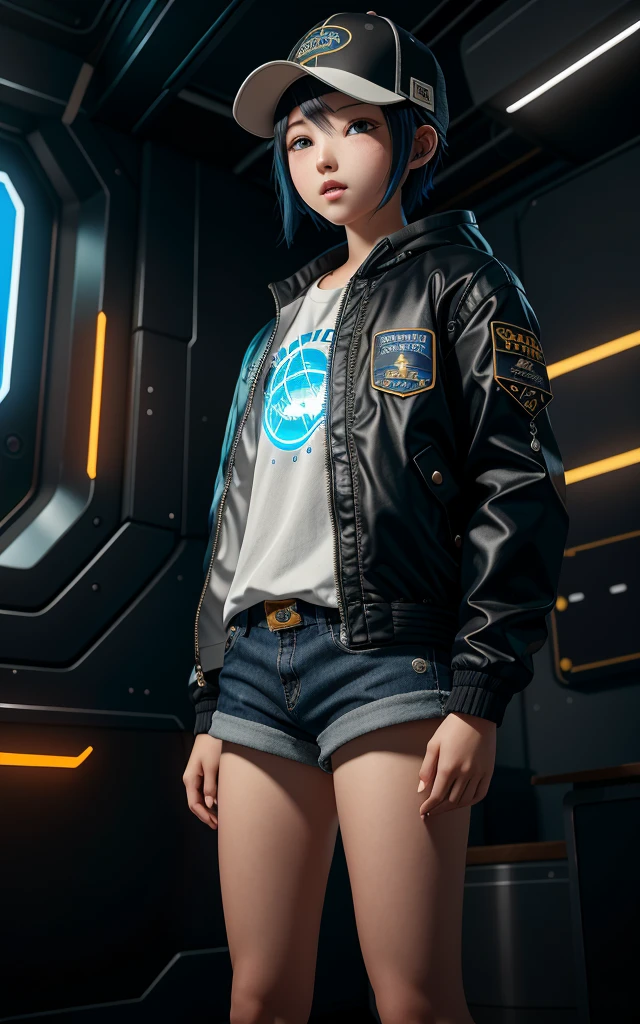  little boy in Shorts, and jacket and wear a snap back hat, standing next to giant robot, fine portrayal, delicate facial and facial features, masterpiece, cgstation trend, digital cyberpunk anime art, guweiz, Russell Dongjun Lu, Ross Tran 8K, Guweiz style on artstation pixiv, detail depiction, mecha network armor girl, blue eyes, black hair, curved light, vision looks more outstanding.