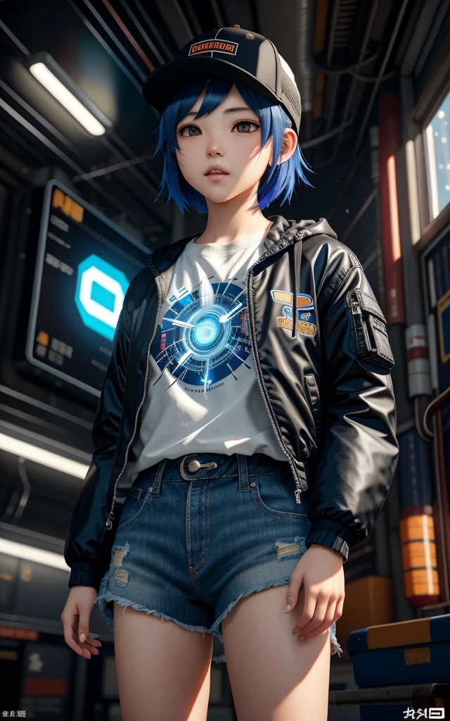   in Shorts, and jacket and wear a snap back hat, standing next to giant robot, fine portrayal, delicate facial and facial features, masterpiece, cgstation trend, digital cyberpunk anime art, guweiz, Russell Dongjun Lu, Ross Tran 8K, Guweiz style on artstation pixiv, detail depiction, mecha network armor girl, blue eyes, black hair, curved light, vision looks more outstanding.