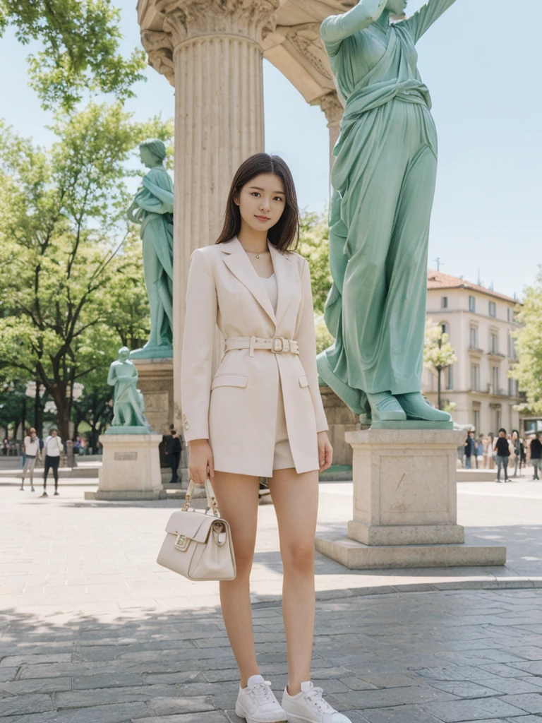 her name is Asako, high quality, 1girl, ((20-year-old fit Caucasian woman)), ((20 years old)), ((slim)), ((Hime Cut)), pose: standing, wearing stylish fashionable Generation-Z modern wear PASTEL colored, BACKGROUND: In the Esplanadi Park, a green urban space with beautiful statues and lively street performances