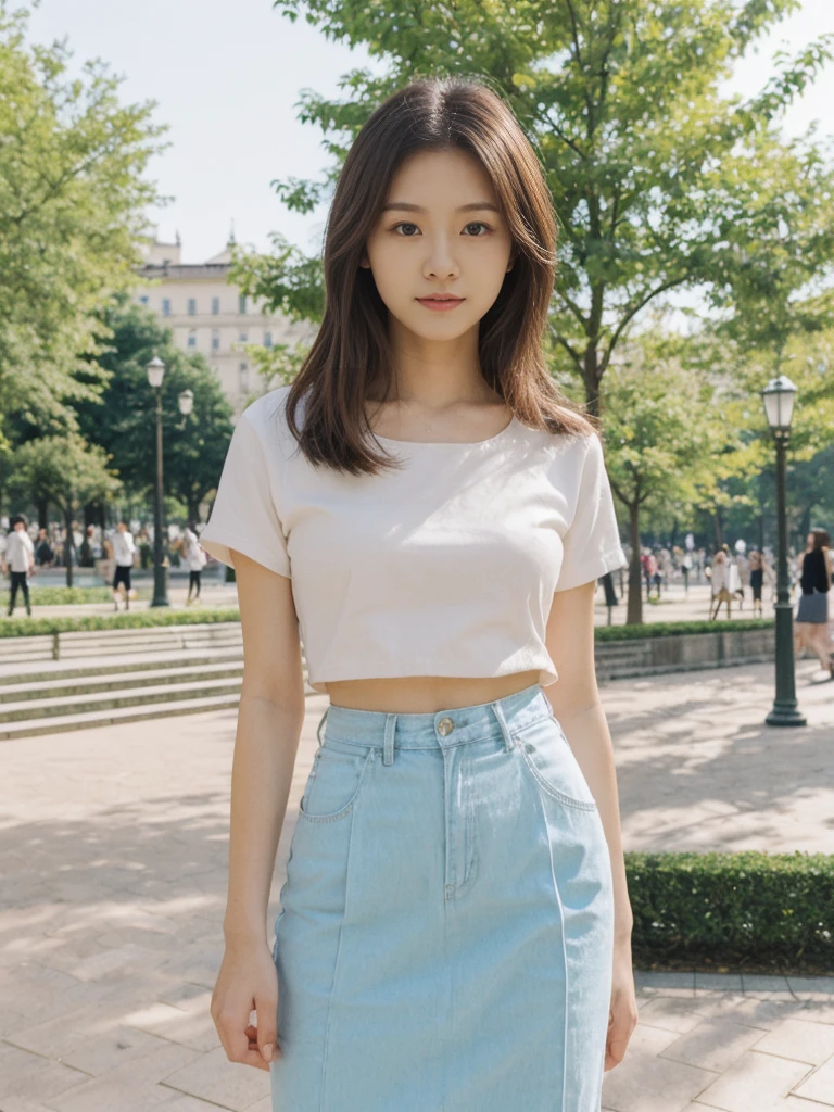 her name is Asako, high quality, 1girl, ((20-year-old fit Caucasian woman)), ((20 years old)), ((slim)), ((Hime Cut)), pose: standing, wearing stylish fashionable Generation-Z modern wear PASTEL colored, BACKGROUND: In the Esplanadi Park, a green urban space with beautiful statues and lively street performances