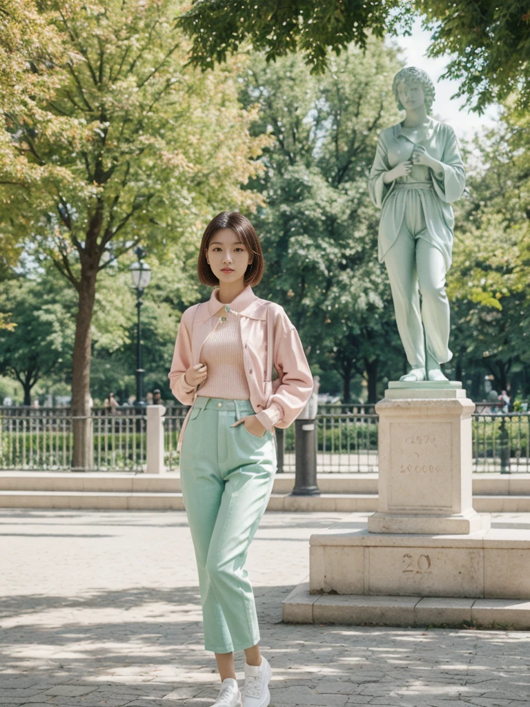 her name is Asako, high quality, 1girl, ((20-year-old fit Caucasian woman)), ((20 years old)), ((slim)), ((Hime Cut)), pose: standing, wearing stylish fashionable Generation-Z modern wear PASTEL colored, BACKGROUND: In the Esplanadi Park, a green urban space with beautiful statues and lively street performances