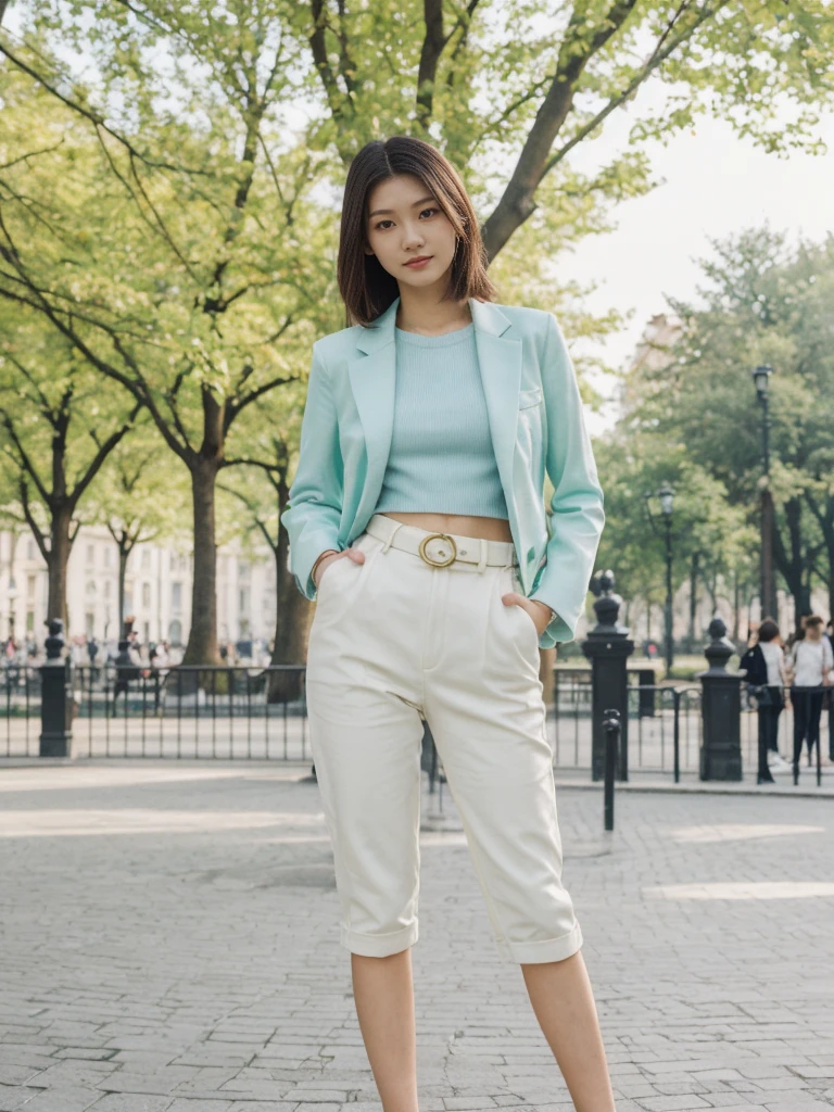 her name is Asako, high quality, 1girl, ((20-year-old fit Caucasian woman)), ((20 years old)), ((slim)), ((Hime Cut)), pose: standing, wearing stylish fashionable Generation-Z modern wear PASTEL colored, BACKGROUND: In the Esplanadi Park, a green urban space with beautiful statues and lively street performances