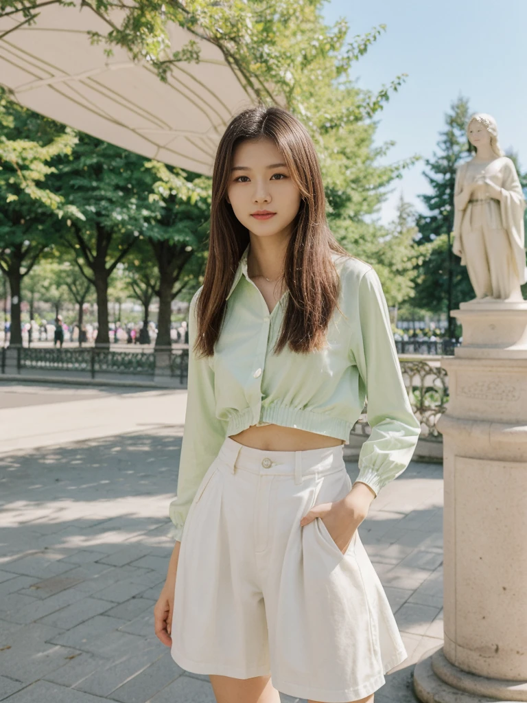 her name is Asako, high quality, 1girl, ((20-year-old fit Caucasian woman)), ((20 years old)), ((slim)), ((Hime Cut)), pose: standing, wearing stylish fashionable Generation-Z modern wear PASTEL colored, BACKGROUND: In the Esplanadi Park, a green urban space with beautiful statues and lively street performances