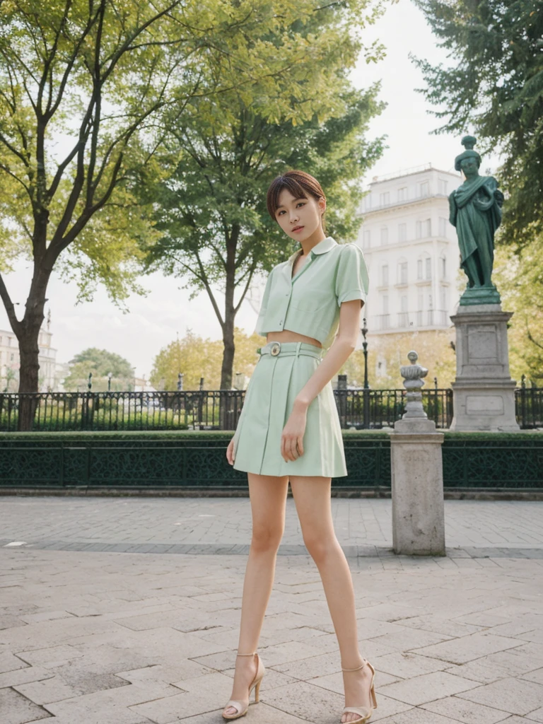 her name is Asako, high quality, 1girl, ((20-year-old fit Caucasian woman)), ((20 years old)), ((slim)), ((Hime Cut)), pose: standing, wearing stylish fashionable Generation-Z modern wear PASTEL colored, BACKGROUND: In the Esplanadi Park, a green urban space with beautiful statues and lively street performances