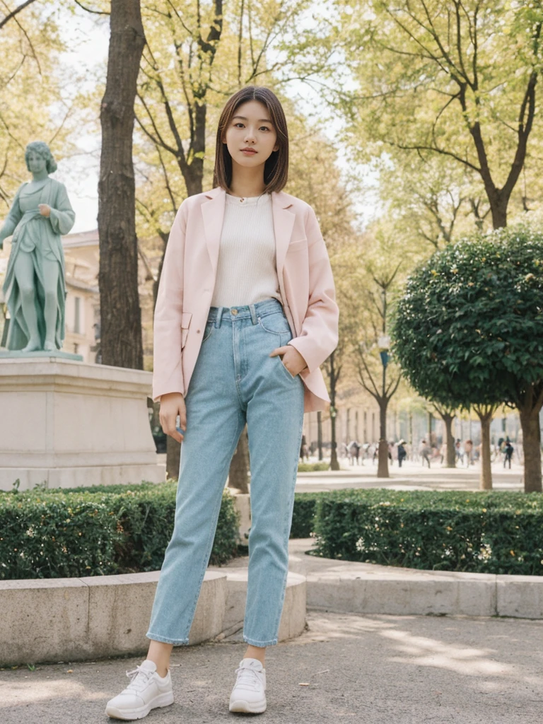 her name is Asako, high quality, 1girl, ((20-year-old fit Caucasian woman)), ((20 years old)), ((slim)), ((Hime Cut)), pose: standing, wearing stylish fashionable Generation-Z modern wear PASTEL colored, BACKGROUND: In the Esplanadi Park, a green urban space with beautiful statues and lively street performances
