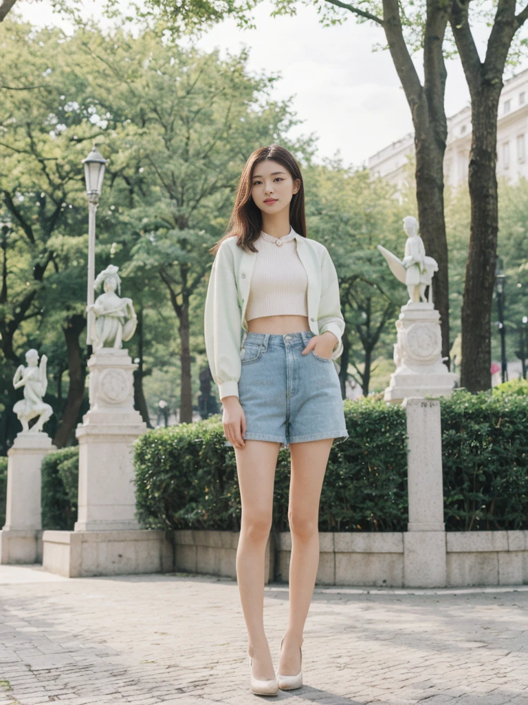her name is Asako, high quality, 1girl, ((20-year-old fit Caucasian woman)), ((20 years old)), ((slim)), ((Hime Cut)), pose: standing, wearing stylish fashionable Generation-Z modern wear PASTEL colored, BACKGROUND: In the Esplanadi Park, a green urban space with beautiful statues and lively street performances