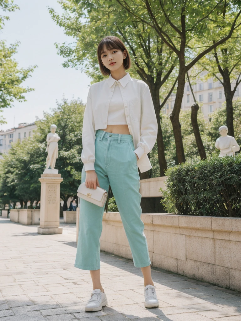 her name is Asako, high quality, 1girl, ((20-year-old fit Caucasian woman)), ((20 years old)), ((slim)), ((Hime Cut)), pose: standing, wearing stylish fashionable Generation-Z modern wear PASTEL colored, BACKGROUND: In the Esplanadi Park, a green urban space with beautiful statues and lively street performances