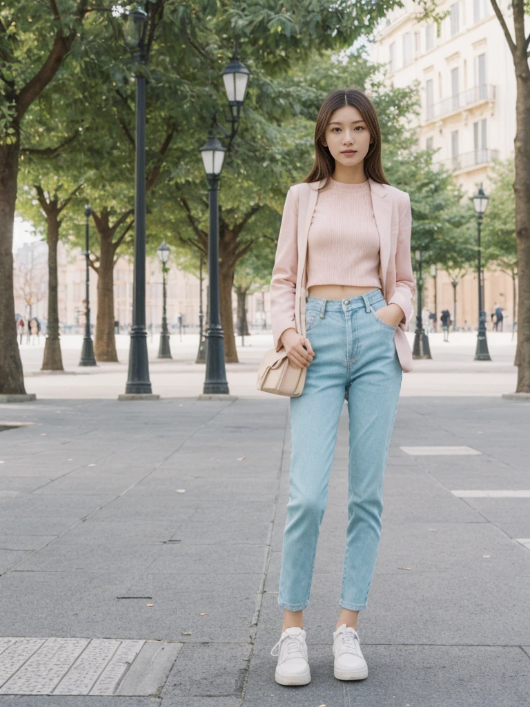her name is Asako, high quality, 1girl, ((20-year-old fit Caucasian woman)), ((20 years old)), ((slim)), ((Hime Cut)), pose: standing, wearing stylish fashionable Generation-Z modern wear PASTEL colored, BACKGROUND: In the Esplanadi Park, a green urban space with beautiful statues and lively street performances