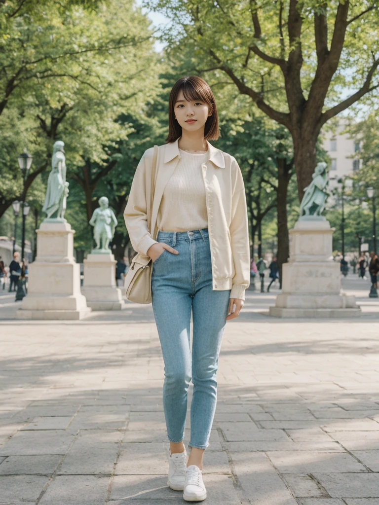 her name is Asako, high quality, 1girl, ((20-year-old fit Caucasian woman)), ((20 years old)), ((slim)), ((Hime Cut)), pose: standing, wearing stylish fashionable Generation-Z modern wear PASTEL colored, BACKGROUND: In the Esplanadi Park, a green urban space with beautiful statues and lively street performances