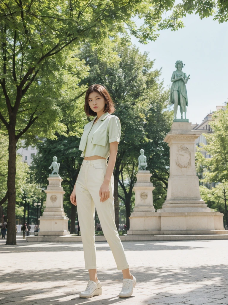 her name is Asako, high quality, 1girl, ((20-year-old fit Caucasian woman)), ((20 years old)), ((slim)), ((Hime Cut)), pose: standing, wearing stylish fashionable Generation-Z modern wear PASTEL colored, BACKGROUND: In the Esplanadi Park, a green urban space with beautiful statues and lively street performances