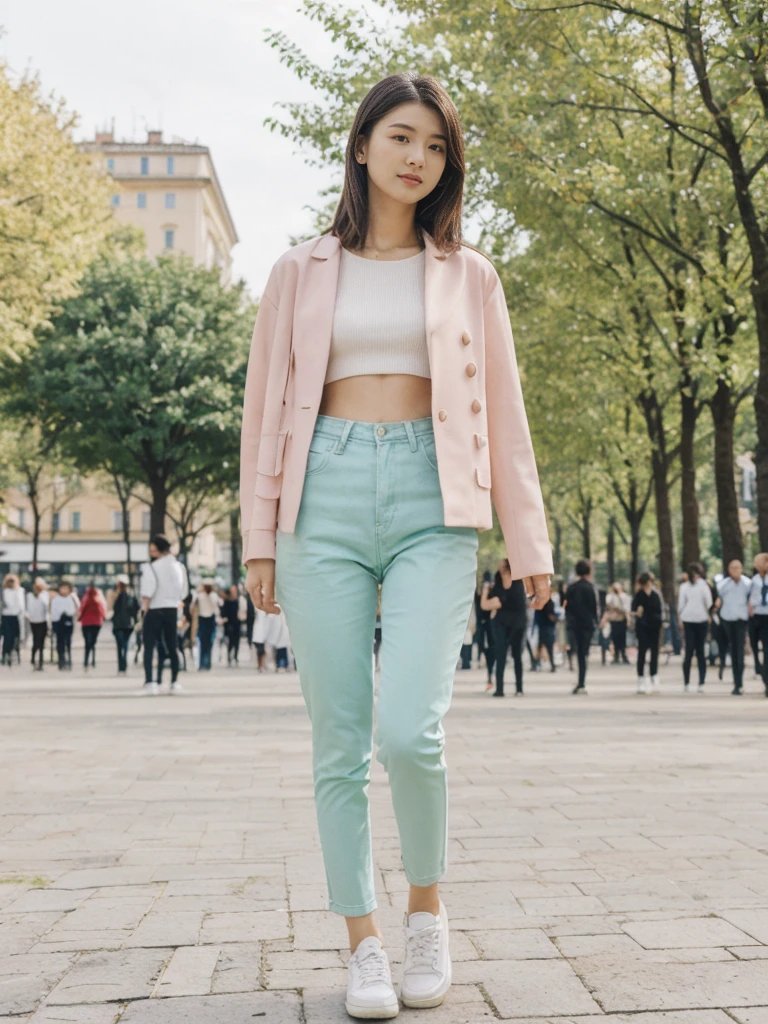 her name is Asako, high quality, 1girl, ((20-year-old fit Caucasian woman)), ((20 years old)), ((slim)), ((Hime Cut)), pose: standing, wearing stylish fashionable Generation-Z modern wear PASTEL colored, BACKGROUND: In the Esplanadi Park, a green urban space with beautiful statues and lively street performances