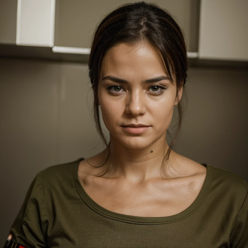 Search the internet for a photo of Belgica Gestro and generate an image of her face dressed as a military man. 