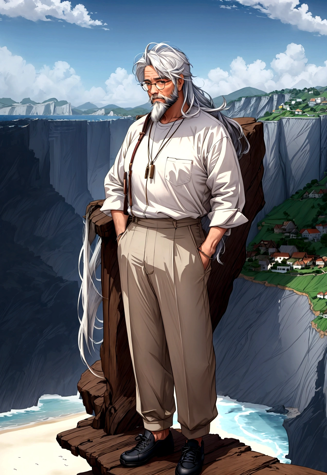 Create a high-quality anime-style image featuring an elderly man standing on a rocky cliff by the sea. The man has white hair, a beard, and is wearing round glasses. He is dressed in a white shirt, beige pants rolled up at the ankles, and white sneakers. His posture is relaxed, with his hands in his pockets, gazing thoughtfully into the distance.

The background consists of a clear blue sky filled with fluffy, white clouds. Below the cliff, there is a calm sea with boats and a small coastal village nestled at the foot of green, mountainous terrain. The scene captures a peaceful, reflective moment, with vibrant colors and detailed shading to emphasize the tranquil and contemplative atmosphere.