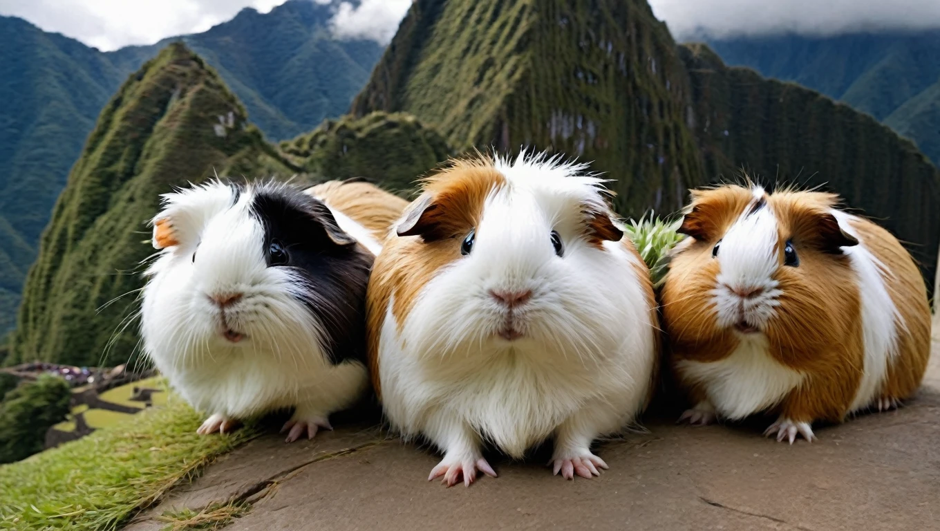 its tornado season, photo of fluffy guinea pigs seeking shelter from the heavy wind of Machu Picchu, funny, chaotik, award winning masterpiece, hilarious 