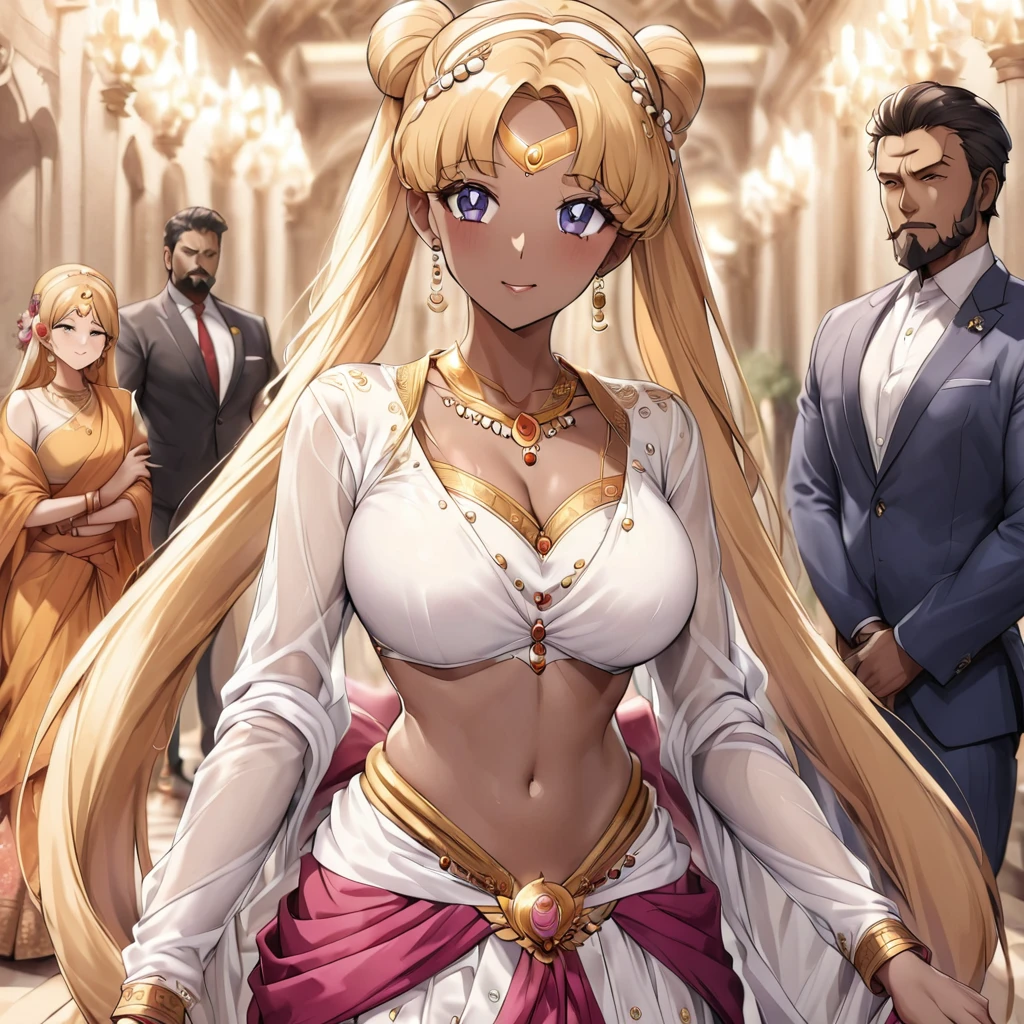 ((Highest quality)), ((masterpiece)), (detailed), (Perfect Face)、A woman with the same appearance but different colored clothes is sitting on a big sofa3A group of people are standing in a row, hugging a naked man and providing sexual services to him.、The woman is wearing a gorgeous, glittering, long-slit see-through Chinese dress with gold embroidery, a black veil and a black see-through cape, as well as a gorgeous hair ornament and gorgeous jeweled accessories.、The woman is the elegant Tsukino Usagi, with long blonde hair in a chignon twin tail.