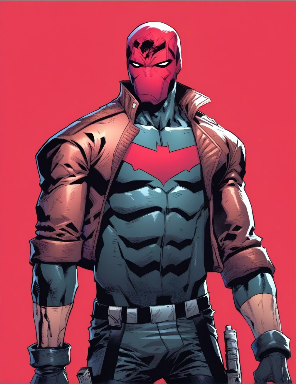 score_9, score_8_up, score_7_up, jason todd, solo, simple background, gloves, 1boy, jacket, weapon, male focus, open clothes, black gloves, belt, pants, open jacket, gun, bodysuit, mask, muscular, black pants, abs, pectorals, muscular male, red background, holster, superhero, skinny, waist