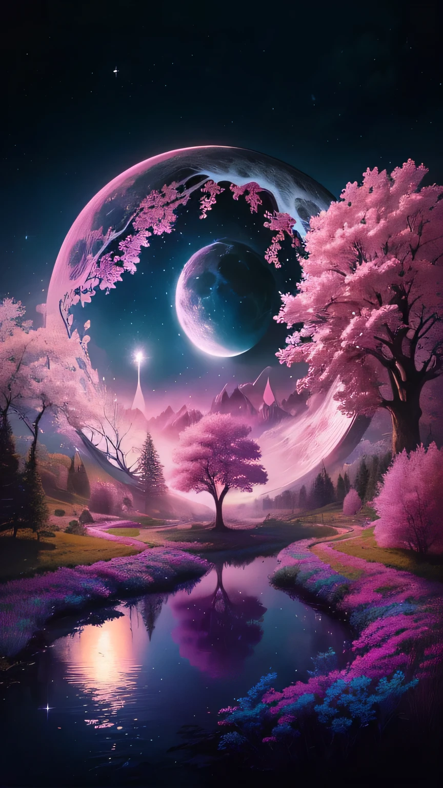 a pink tree in a field with a moon and a pink tree, detailed dreamscape, mystical environment, magical colors and atmosphere, magical landscape, very magical and dreamy, dreamy and detailed, beautiful image ever created, dream art, pink forest fog , pink moon, psychedelic florals, magical colors and atmosphere, dreamscape art, pink highlights