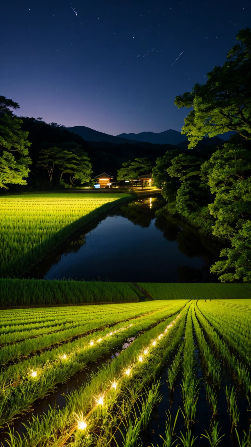 Japan、countryside、Rural Scenery、Style、night、Paddy field、river、firefly