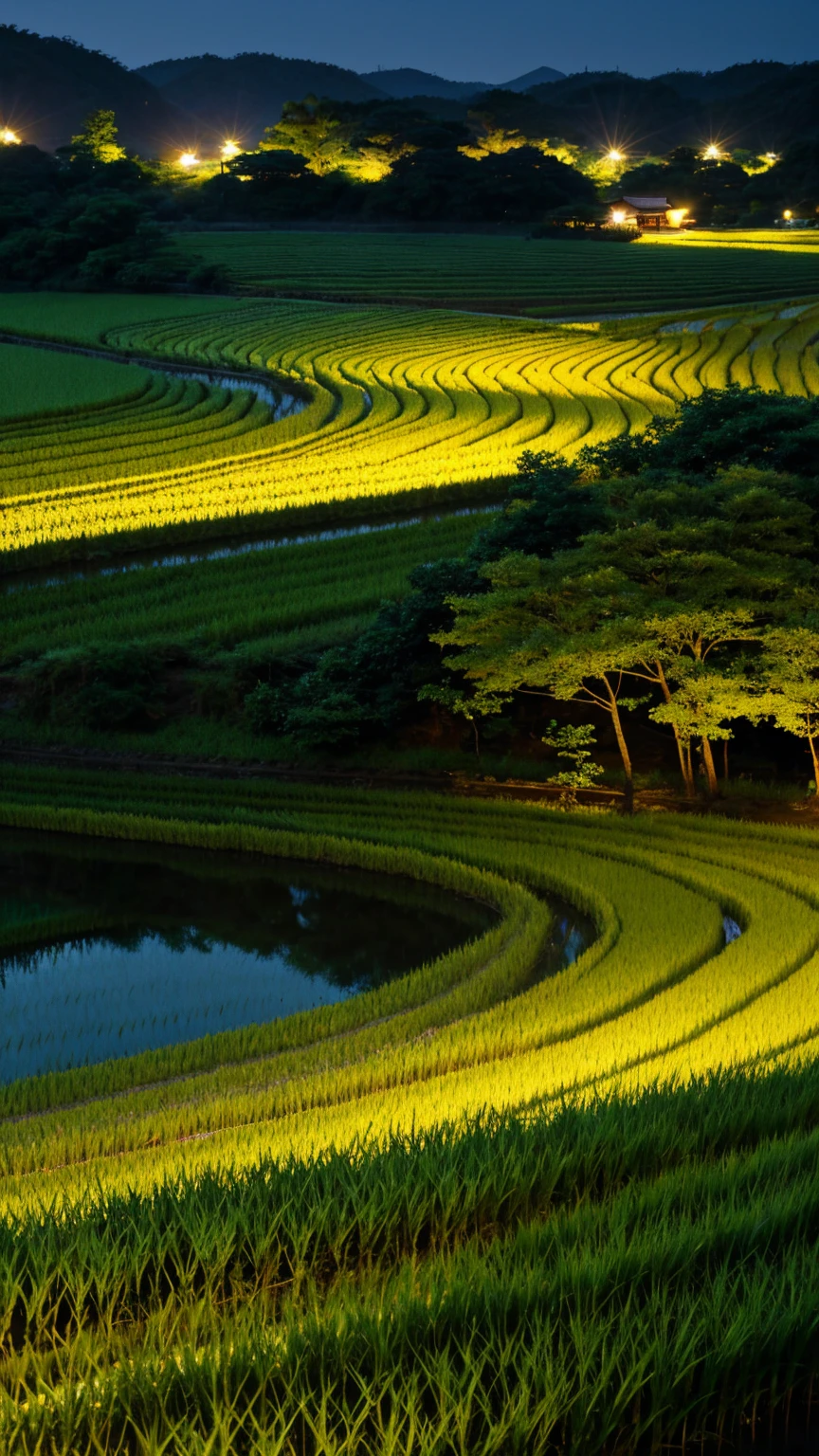 Japan、countryside、Rural Scenery、Style、night、Paddy field、river、firefly