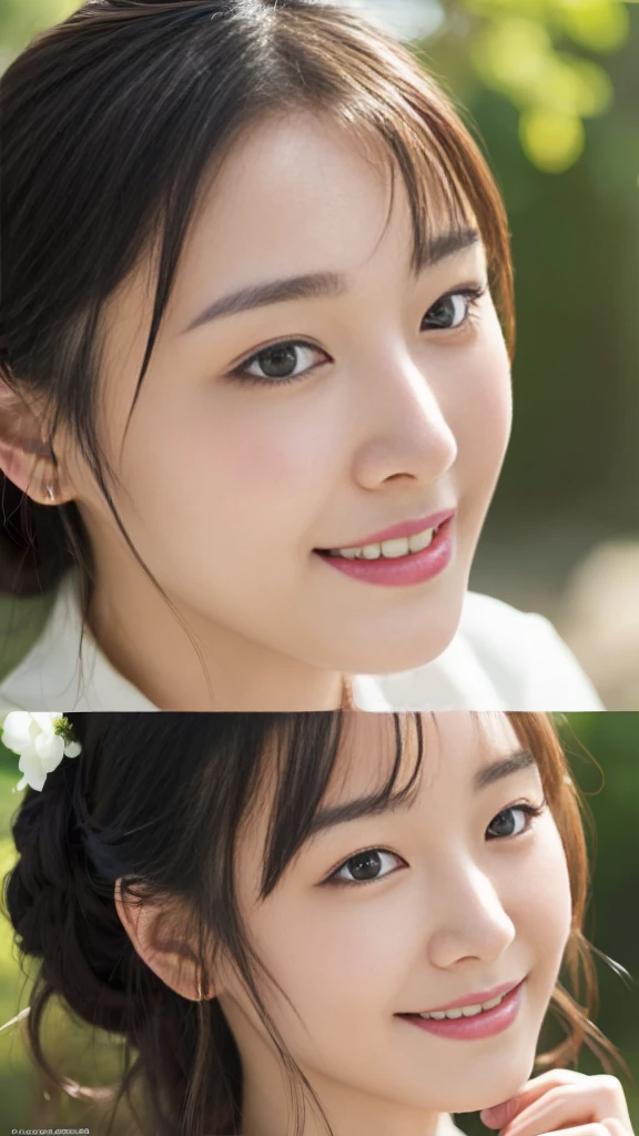 (Surreal), (High resolution), (8K), (Very detailed), (Beautiful and fine details), (Highest quality), (Ultra-detailed), (masterpiece), (Detailed face), Soft Focus、Yui Arakaki's face、huge 、Japanese、Shot in Kyoto、Shrine Background: Tie your hair up、Laughter、