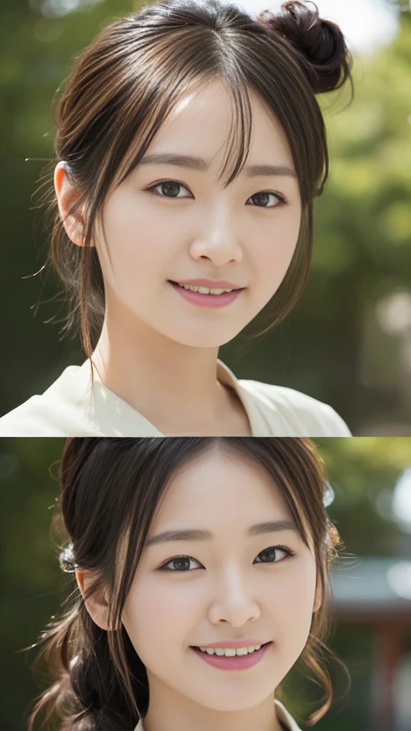 (Surreal), (High resolution), (8K), (Very detailed), (Beautiful and fine details), (Highest quality), (Ultra-detailed), (masterpiece), (Detailed face), Soft Focus、Yui Arakaki's face、huge 、Japanese、Shot in Kyoto、Shrine Background: Tie your hair up、Laughter、