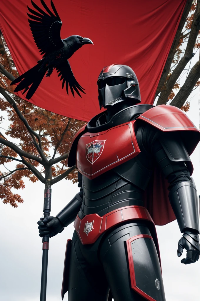 Create a 15-foot robotic armor image, of red and black, with the emblem of my house, a crow flying above a black tree on a red mantle, this emblem placed like a cape on the back, equipped with the best of our house, a plasma halberd, missile launcher , a void shield, propulsion systems and a laser gunship