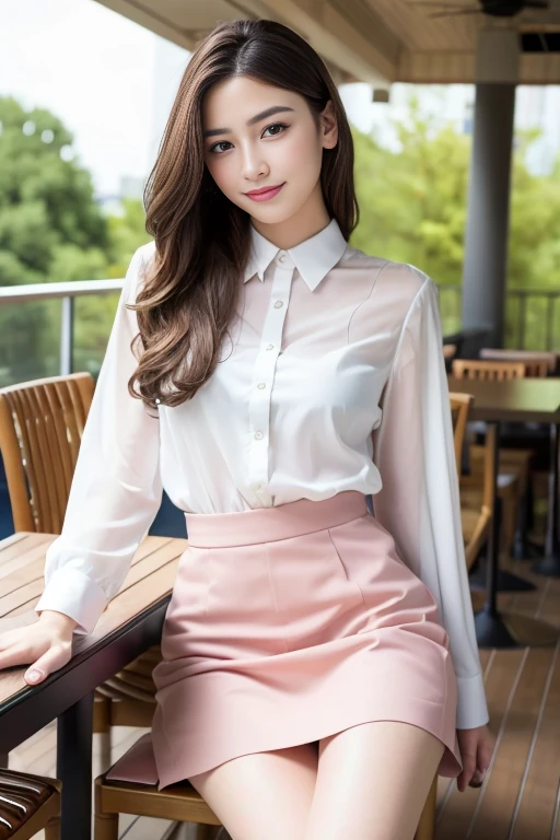 highest quality, Realistically, Very detailed, About pubic hair, High resolution, 8k wallpaper, One beautiful woman, Pink wet lips, Light brown messy hair, Wearing a suit, shirt, White Skirt, Lock focus, Perfect dynamic composition, Beautiful Eyes, Delicate Hair, Detailed Realistically skin texture, smile, Close-up portrait, Model Body Type, On the open terrace of the cafe, Blurred Background, (Full Body Shot), Take photos from a distance, Random body orientation,Sit on a chair、