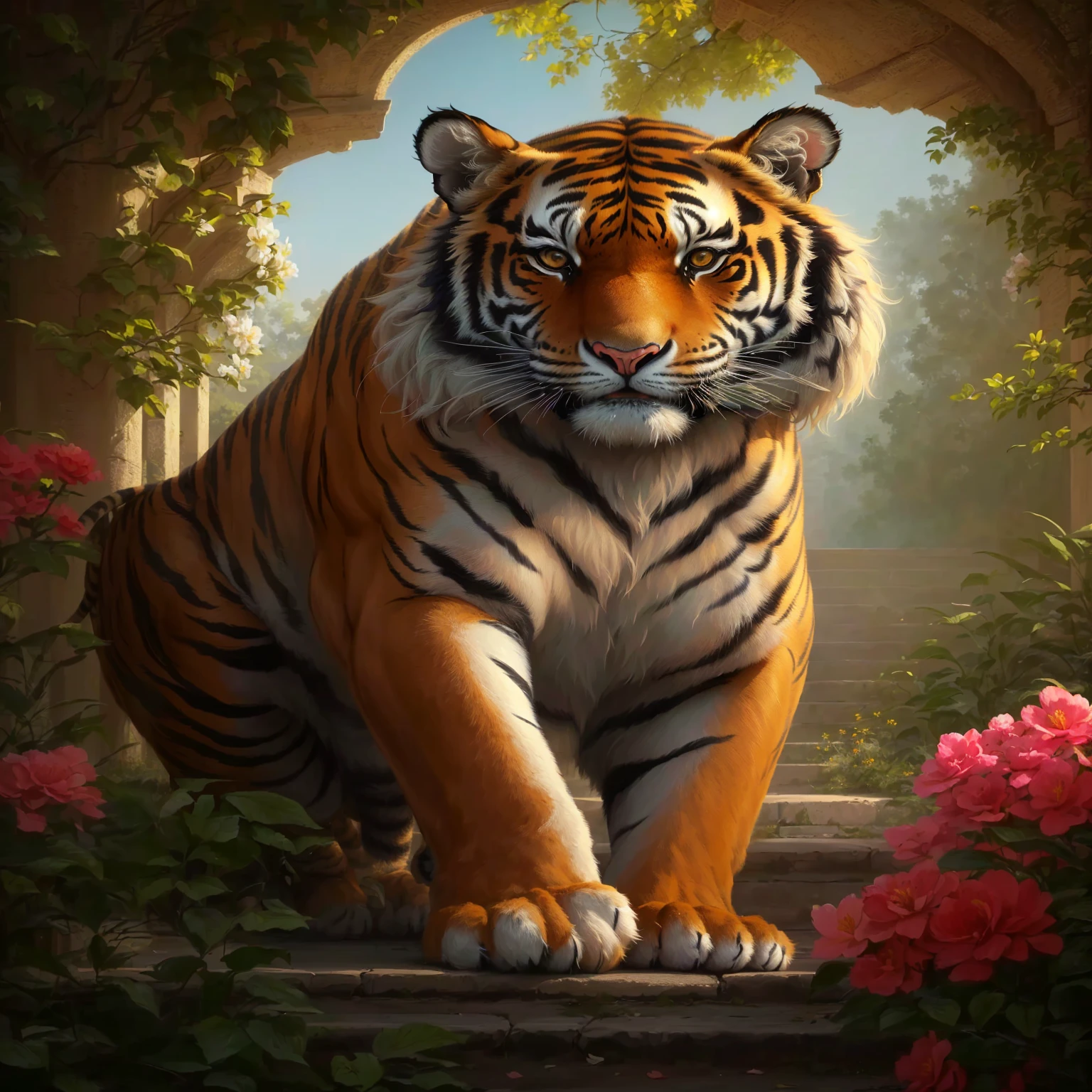 painting of a tiger walking through a garden with flowers, A beautiful tall painting, anthropomorphic tiger, sacred tiger, Imperial posture, handsome stunning realistic, majestic gesture, tiger_beast, Graphic artist Magali Villeneuve, Beautiful digital painting, tiger, Gorgeous digital painting, Amazing wallpapers, Sakimi, ((tiger)), 数字非常详细tiger, Baroque art style, high resolution, High Detail, high quality, Side rendering, Global Illumination。