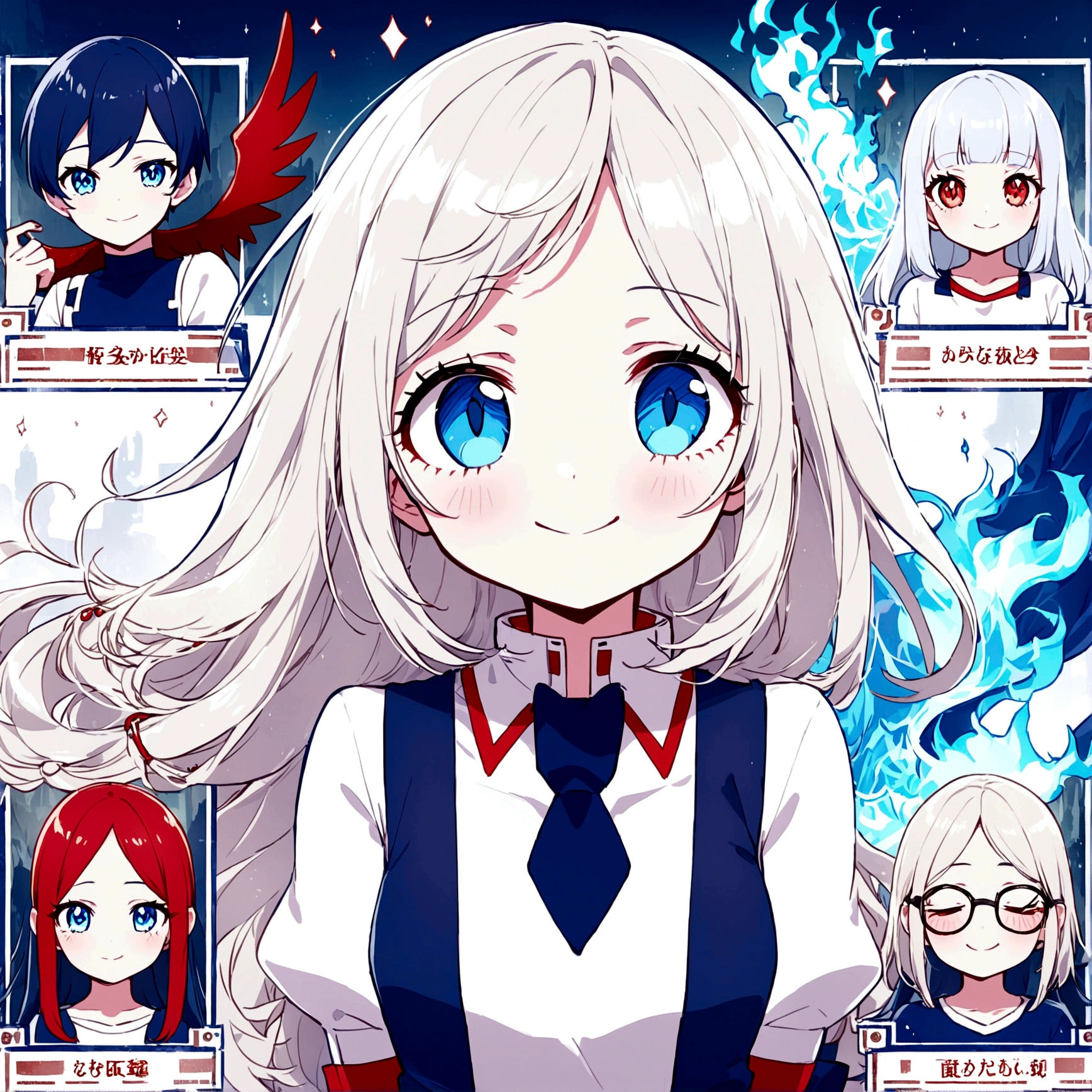 Boku no hero anime one with long hair half white and blue with one blue eye and the other red, delicate bangs covering the forehead with strands going up to the neck, age:14 years style: gentle shy childlike appearance smiling height 1,54 power: blue fire and decay and red wings 