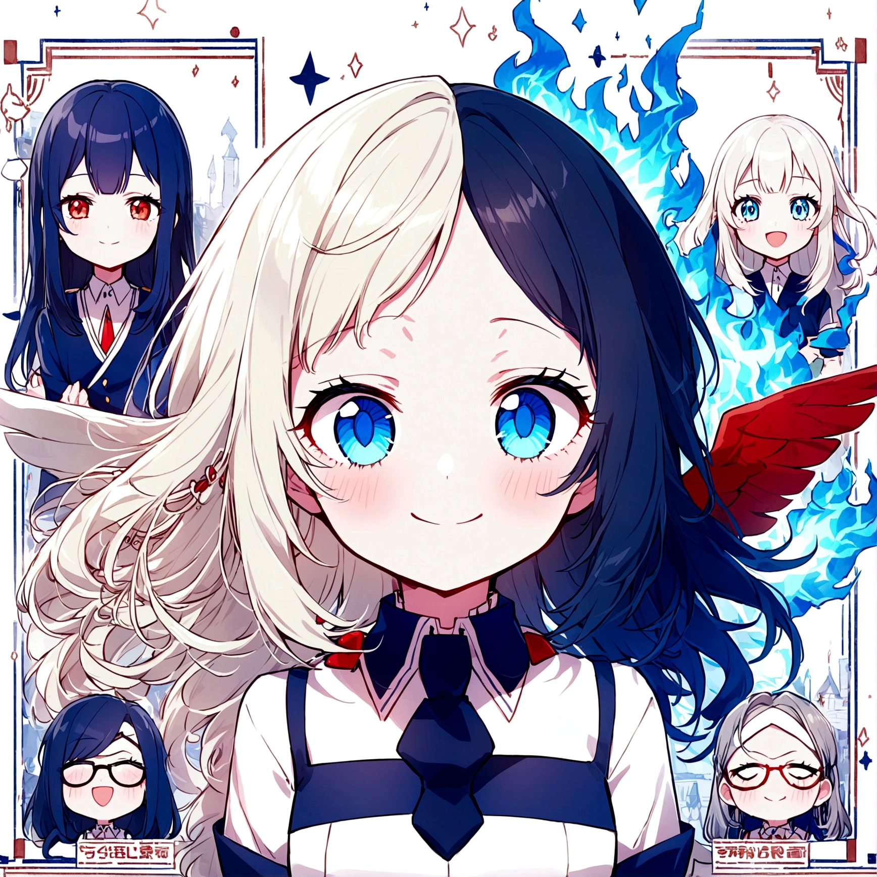 Boku no hero anime one with long hair half white and blue with one blue eye and the other red, delicate bangs covering the forehead with strands going up to the neck, age: style: gentle shy childlike appearance smiling height 1,54 power: blue fire and decay and red wings