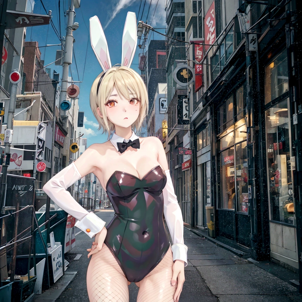 anime character Bunny ears付き and a black bodysuit standing in a city street, Fishnet tights、Bunny girl, サイバネティックなBunny earsを着けている, Playboy Bunny, Bunny ears付き, Bunny Punk, with big Bunny ears, Bunny Suit, Lola Bunny fan art, with long floppy Bunny ears, Kagamine Rin, Bunny ears, Playboy Style, thug_character, wearing a Bunny Suit