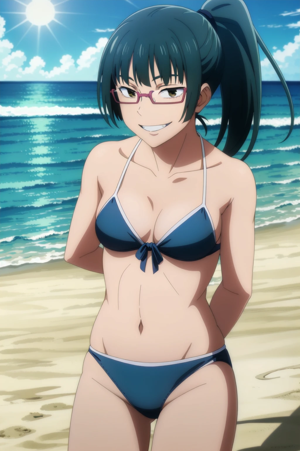 masterpiece,high quality,solo, smile,teeth, MakiZenin,1girl, ponytail, eyewear, bikini,ocean,beach,sunshine,